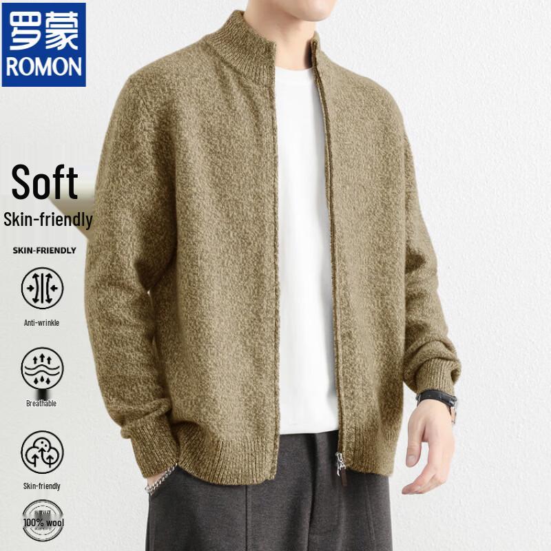 ROMON Men's 100% Merino Wool Zip-Up Knit Cardigan