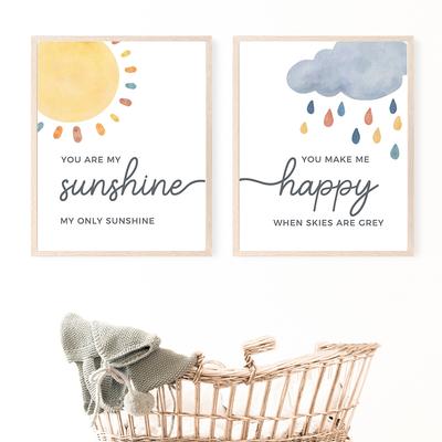 Nursery Wall Prints You Are My Sunshine Rain Cloud Canvas Art Painting Sun Print Poster Nordic Wall Picture Kids Baby Room Decor (with Frame)