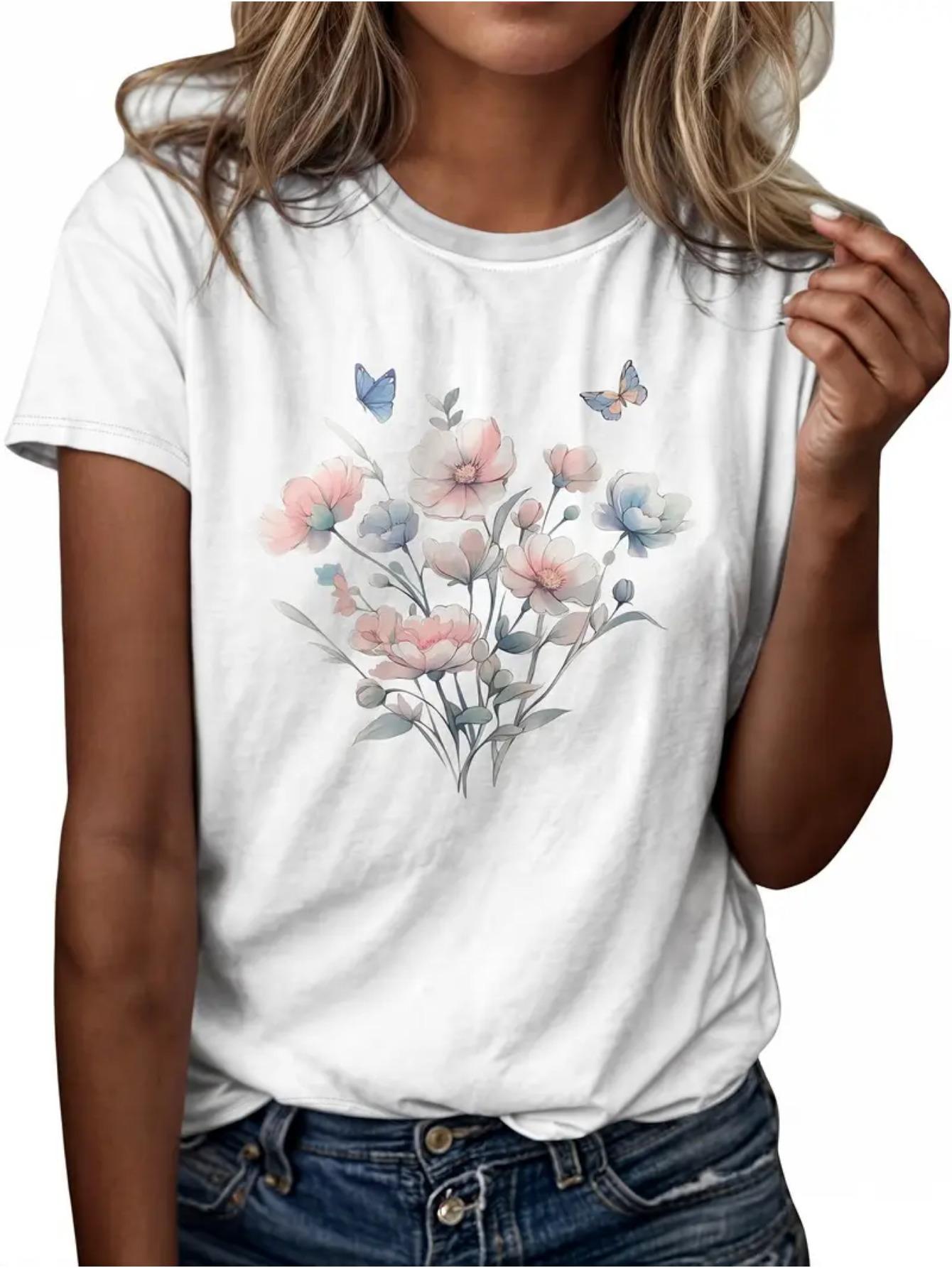 

Women s Soft Floral Print T-Shirt Short Sleeve Lightweight Breathable Casual Sporty Style with Vibrant Flower & Butterfly Design 4XL