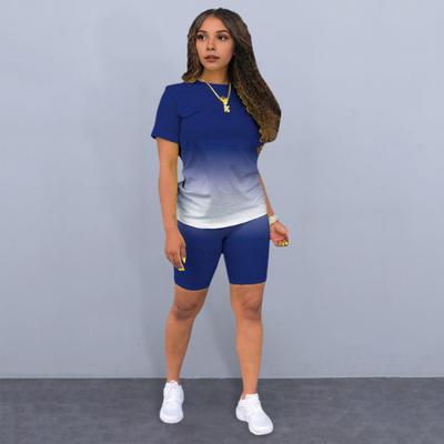 2 Pcs/Set Women T-shirt Shorts Set Gradient Contrast Color O Neck Short Sleeve Top