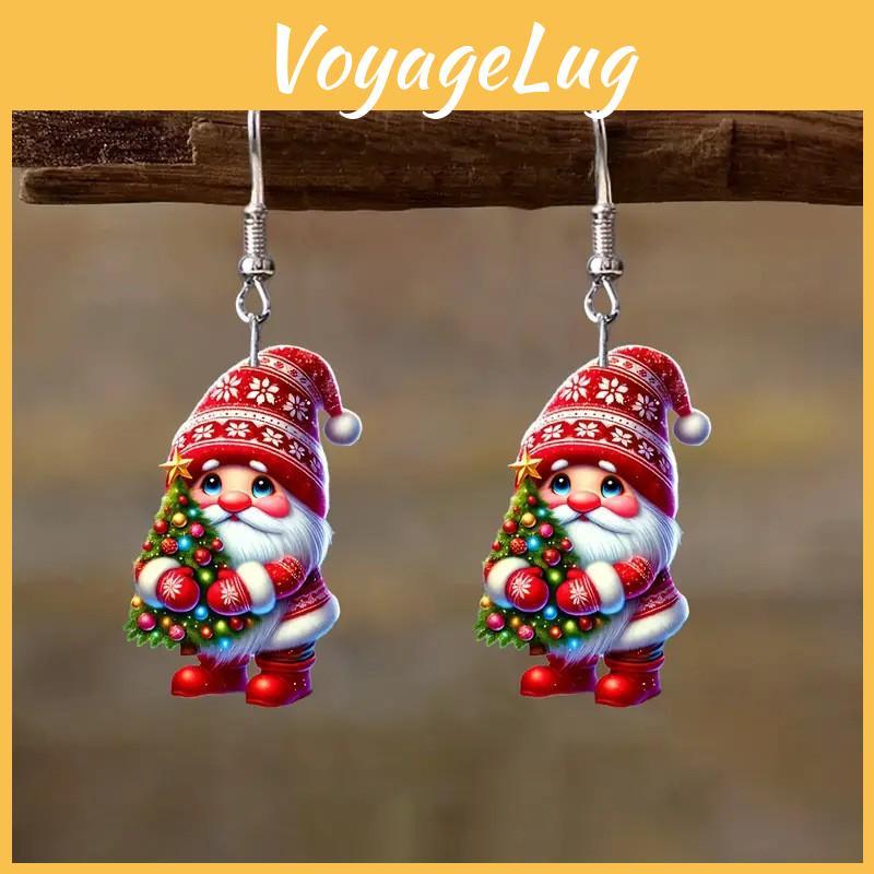 Santa Themed Christmas Claus Holding Tree Pattern Women Earrings Acrylic