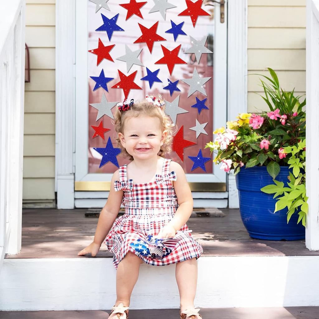 Whaline 6 Sheets Glitter Stars Window Clings Patriotic Glitter Blue Red White Stars Window Stickers Double-Sided 4th of July Window Decals for