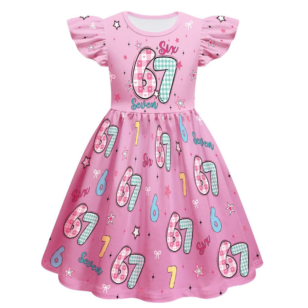 82837 Kinder Mädchen Steal a Brainrot 67 Six Seven Print Rüschen Ärmellos Prinzessinkleid