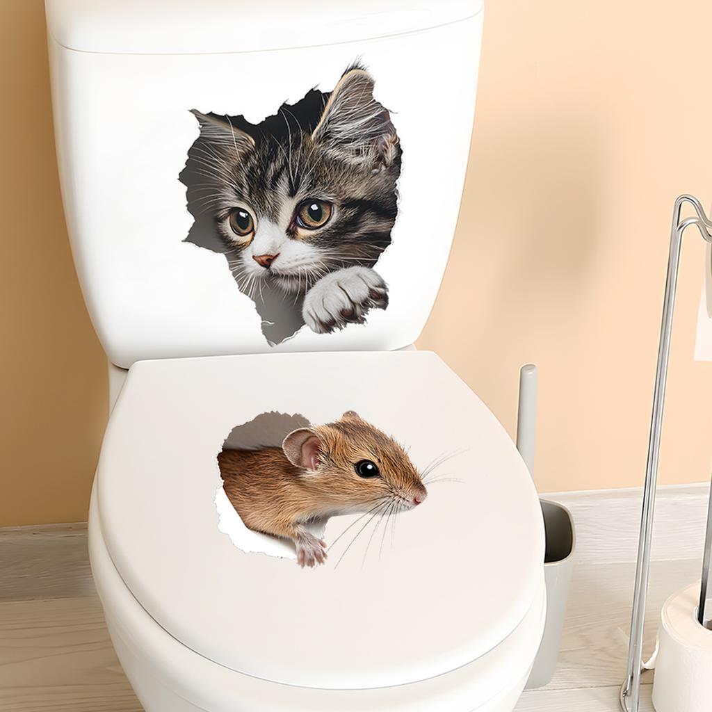 Playful Cat and Mouse Toilet Stickers, Waterproof Removable Self-Adhesive for Bathroom Decor