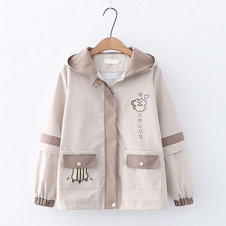 

преппи стиль молодежная женская повседневная универсальная короткая куртка весна осень милая мультяшная кардиган пальто свободная тонкая куртка с капюшоном женская L