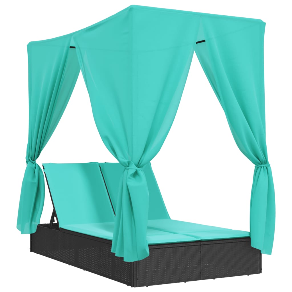 Double Sun Lounger with Canopy and Curtains Black Poly Rattan