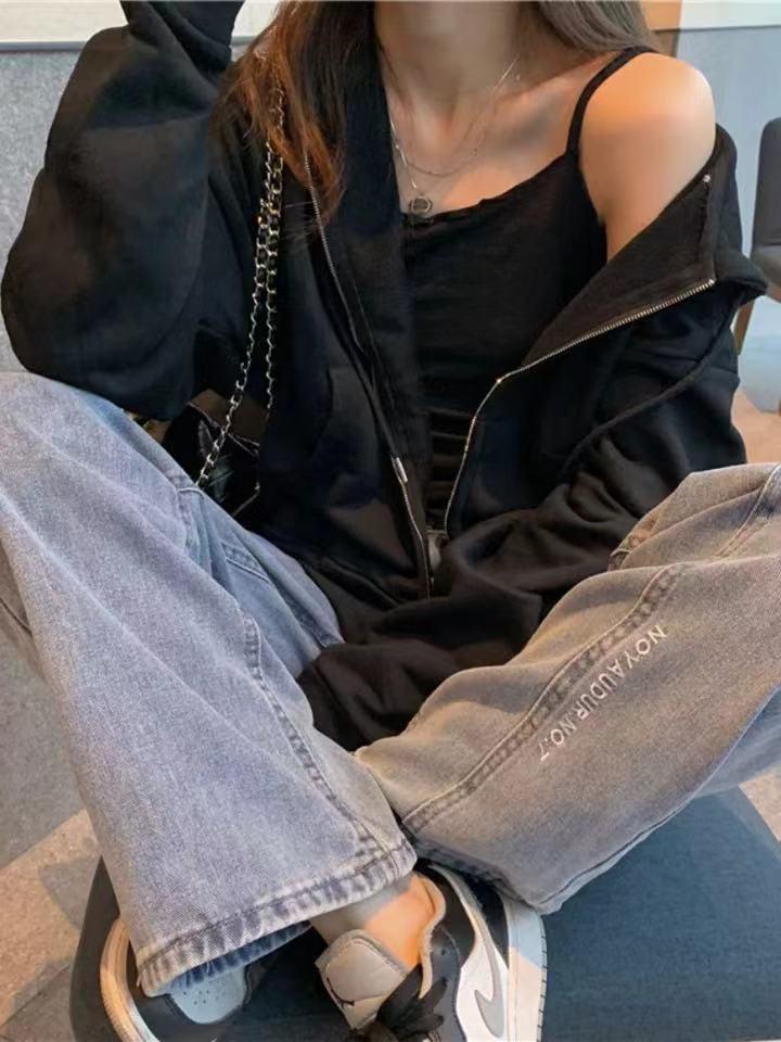 Women's College Style Hooded Sweatshirt Jacket - Spring/Autumn 2023 Zipper Loose Cardigan Top