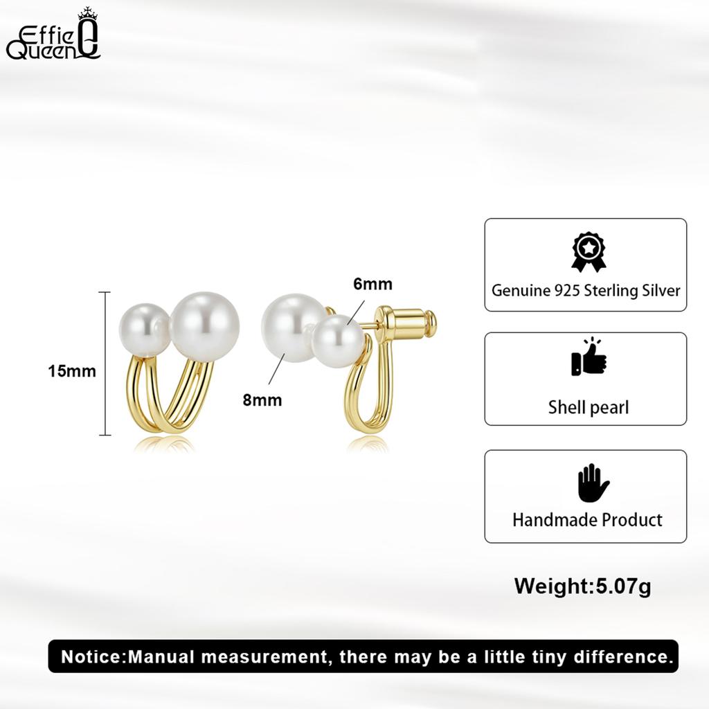 Effie Queen Genuine 925 Silver 14k Gold Geometric Shell Pearl Stud Earrings Simple Jewelry for Women Banquet Party Gift PSE05