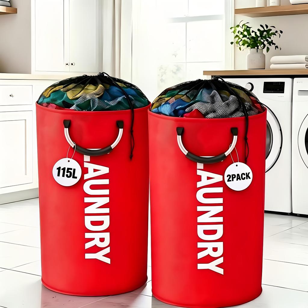 2-Pack Oxford Fabric Foldable Laundry Baskets, 25.1gal/30.38gal Clothes Storage Bins with Drawstring Closure and Ring Handles