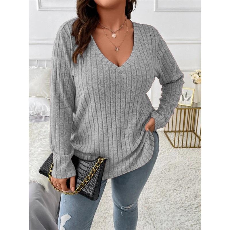 Damenbluse Neu Einfarbig Große Größe V-Ausschnitt Langärmlig Rippstrick Gebürstetes T-Shirt Locker Lässig Pullover