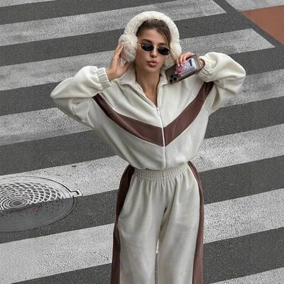 Women's 2 Piece Set Color Block V Neck Zipper Crop Top Side Stripe Wide Leg Pants Casual Tracksuit