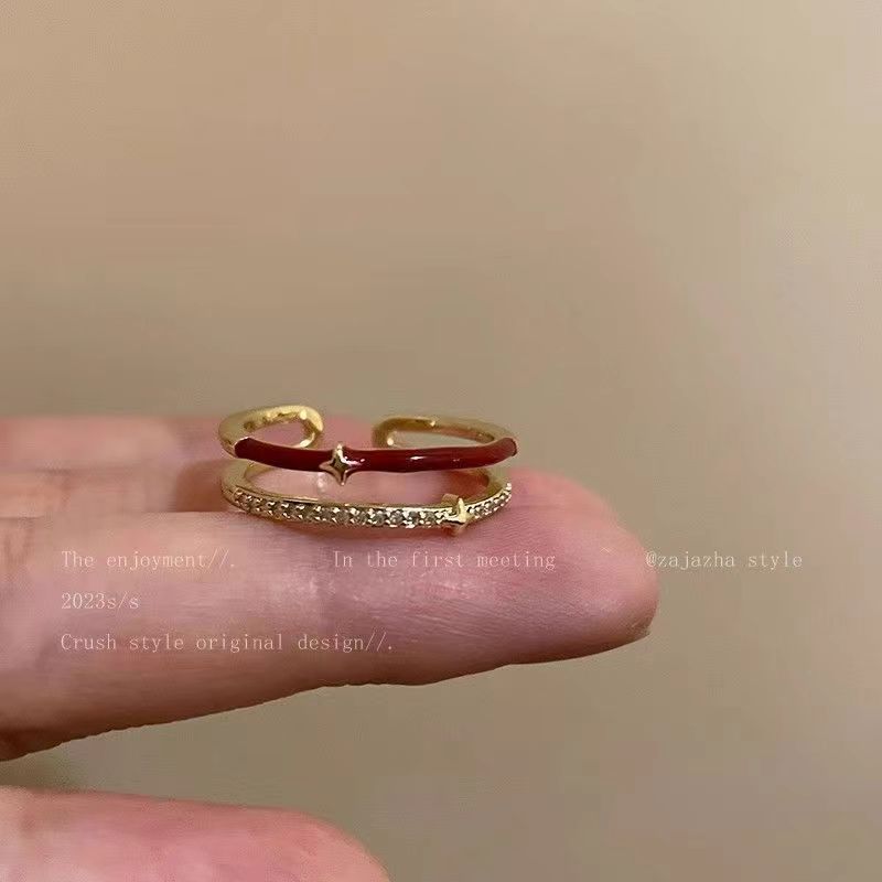 Double Stacked Red Star Hollow Ring for Women, Autumn and Winter New Year, Natal Year Adjustable Ring, Personalized Index Finger Ring