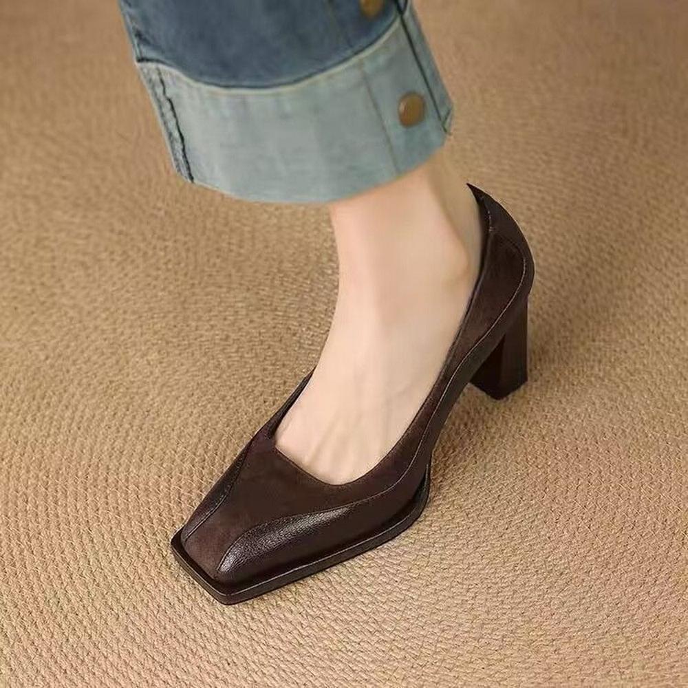 Fashion FHC New Soft Leather High Heels,Women Pumps,Fashion Office Working Shoes,Square Toe,Slip on,Black,Brown,Size 34-39,Dropship