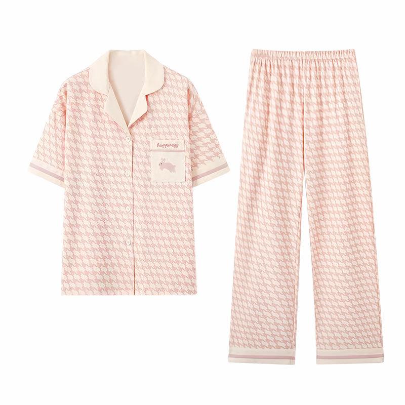Women'S Pajamas Sweet Pink Thousand Bird Grid Summer Cardigan Cotton Short-Sleeved Trousers Soft Skin-Friendly Loungewear Set