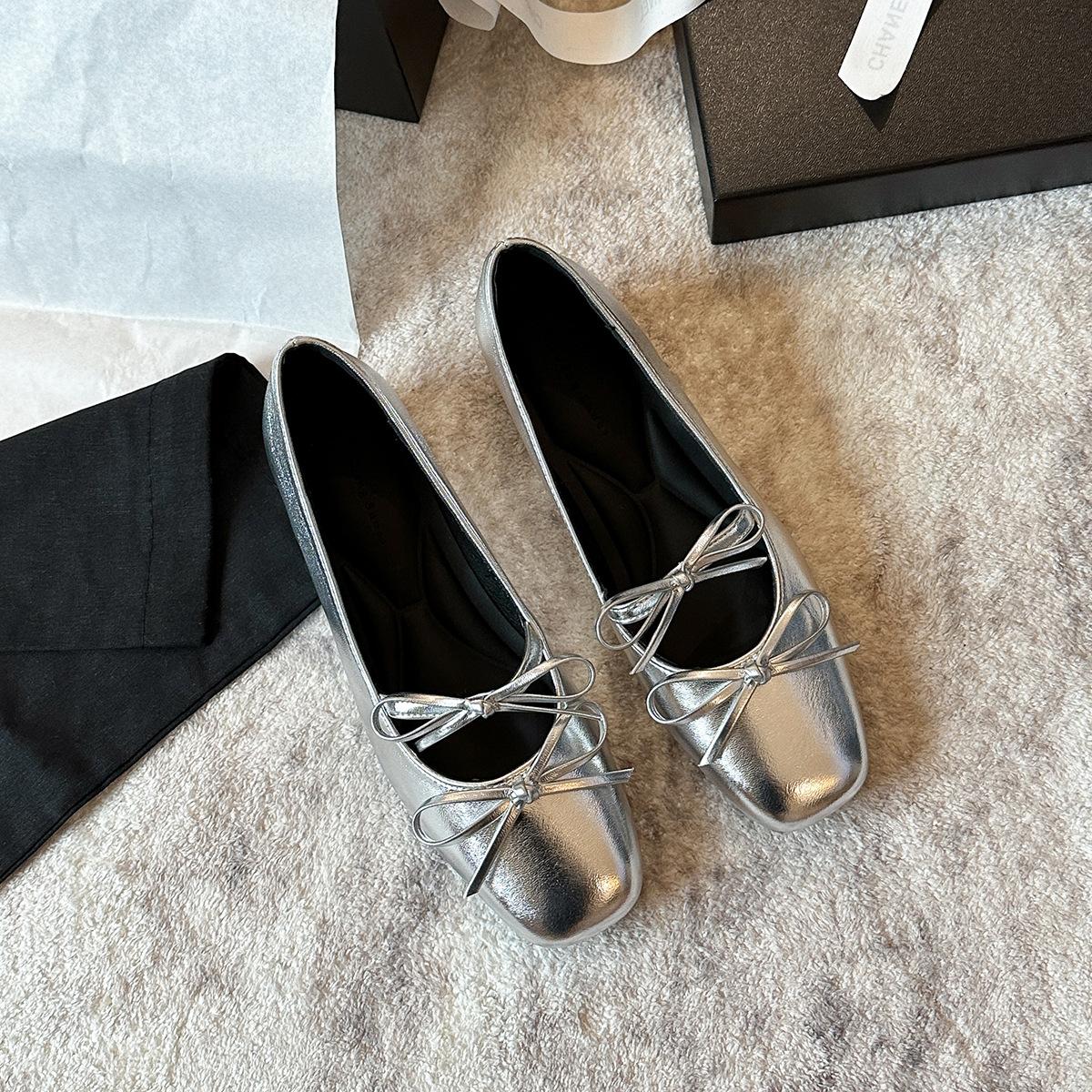 

796-5 silver inner height-increasing single shoes women s new square head light mouth bow French Mary Jane fashion single shoes 40 серебряный