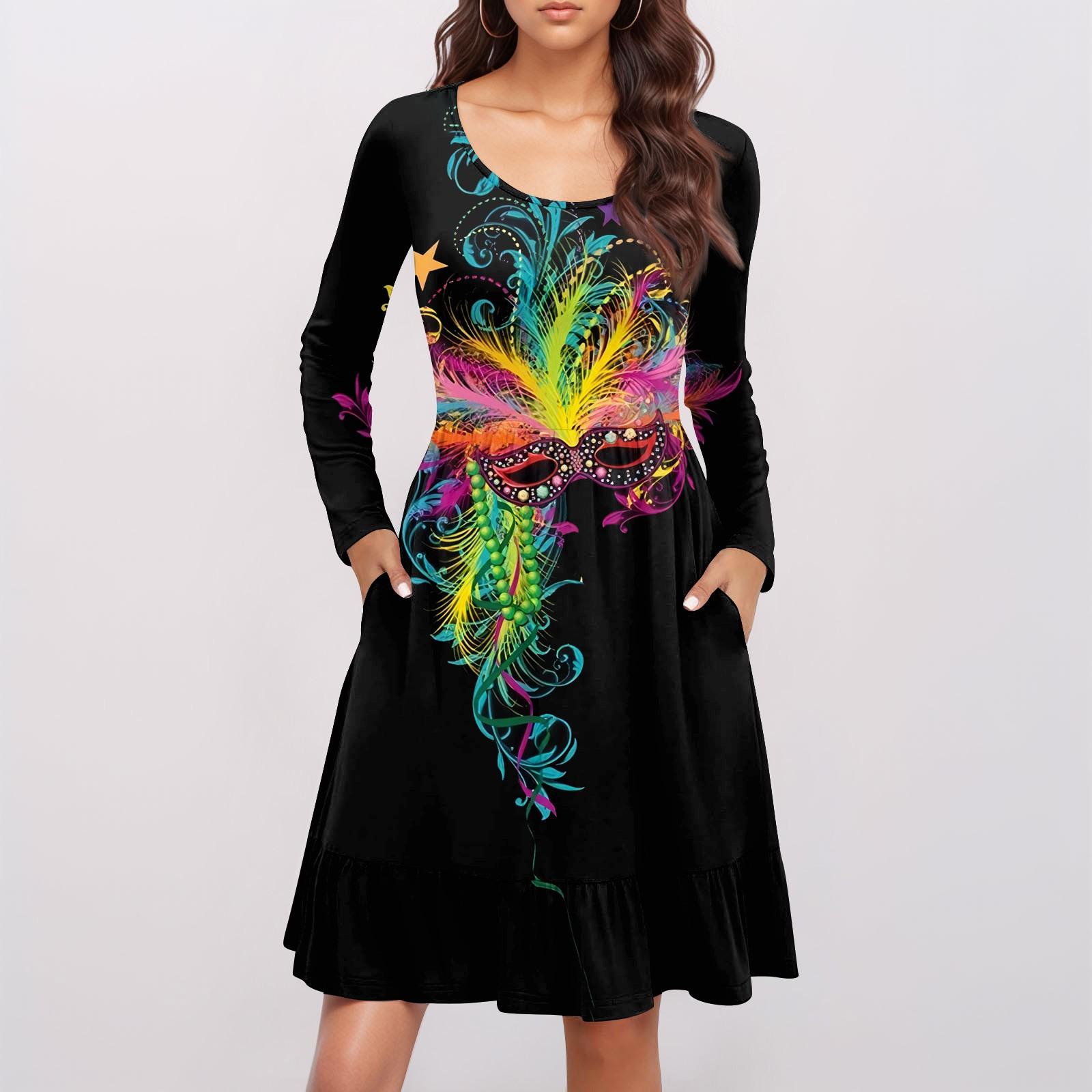 Women s  Casual Round Neck Long Sleeved Dress Carnival Print Loose Waist Pleated Dress L
