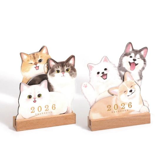 2026 Small Desk Calendar with Wooden Base Cute Dog Cat Patterns Monthly Planner for Organized Daily Plan Gifts for Pet Lovers