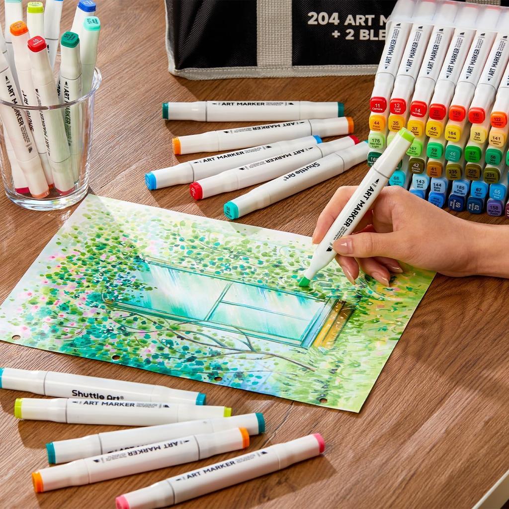 Shuttle Art Illustration Marker and Blender with Wide and Fine Carrying Case Perfect for Coloring and A great gift for adults and 205-Piece Set,