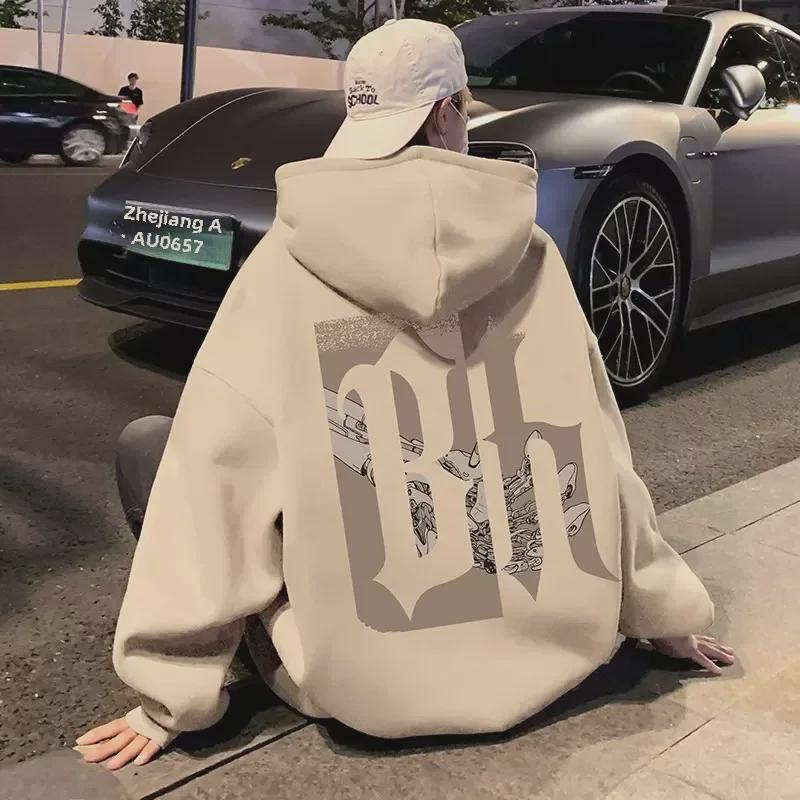 Men's Hong Kong Style Retro Hooded Sweatshirt - Spring/Fall American Heavyweight High Street Trendy Loose Jacket with Plus Velvet