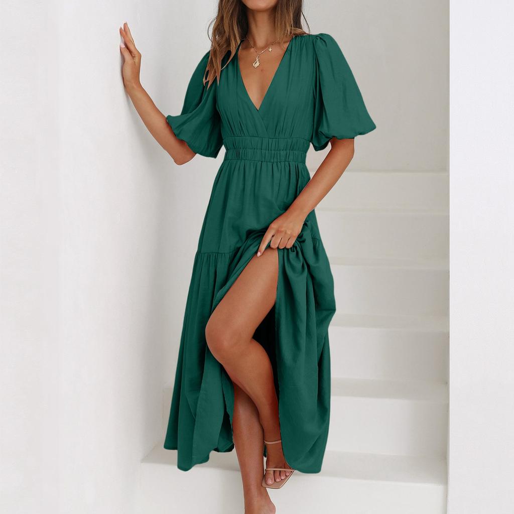 Women's Fashion Color Short Sleeve Cotton Linen Patchwork Pleat Dress