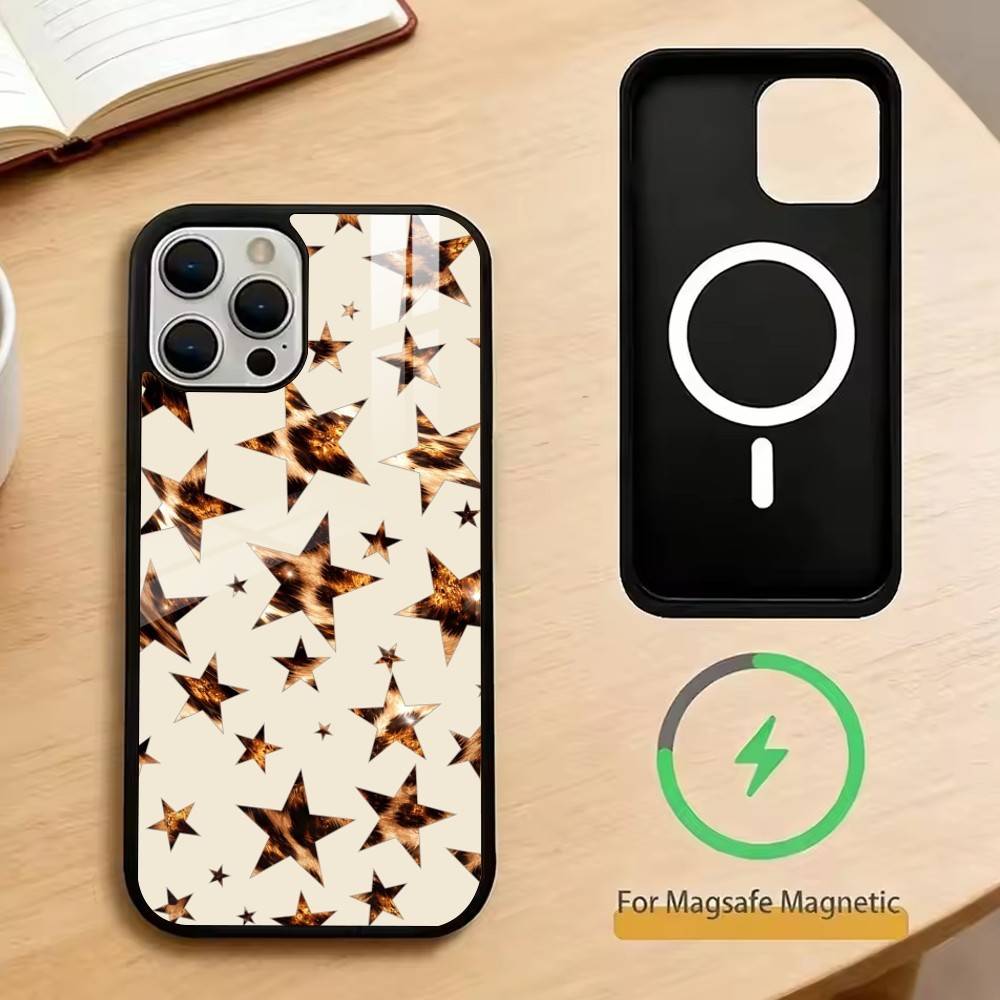 Trendy Leopard Print Star Pattern Phone Case For iPhone17,16,15,14,13,12,11 Plus,Pro Magnetic For Magsafe Wireless Charging iPhone13PROMAX