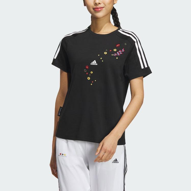 Adidas X Shuting Qiu Designer Collaboration Embroidered Floral Striped Short Sleeve Tee Women Tops Black IM8448