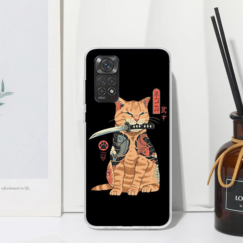 Ramen Sushi Samurai Tattoo Cat Phone Case For Xiaomi Redmi Note 15 13 14S 14 Pro Plus 12S 11S 10S 12 11E 10 11T Art Fundas Back