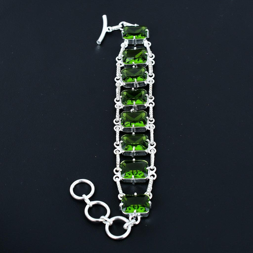 Faceted Peridot Bracelet 925 Sterling Silver Jewelry Adjustable Chain Bracelet Cushion Shape Gemstone Handmade Jewelry Gift For Her