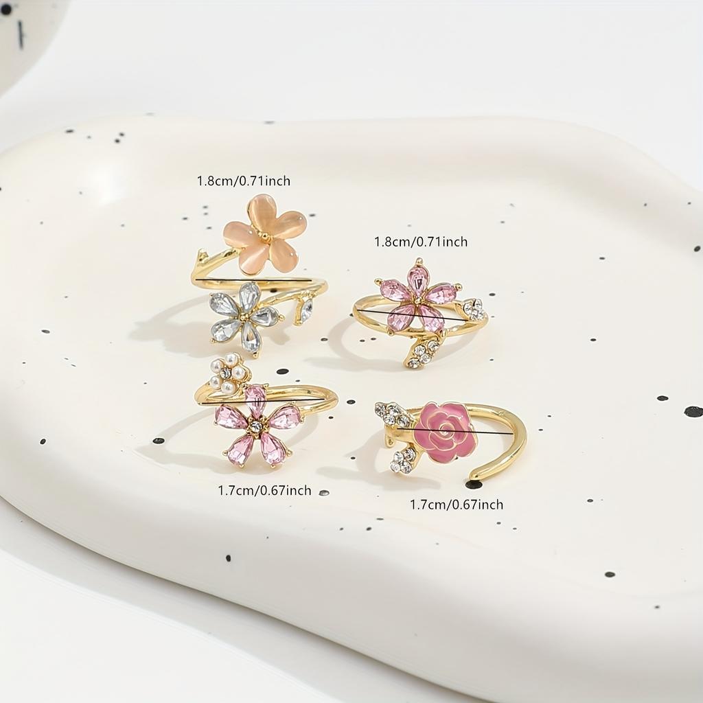 4pcs Set of Alloy Rhinestone Imitation Pearl Oil Painting Stacked Ring Set. Fashionable, Elegant And Sexy Flower Pink Series Rhinestone Imitation Pear