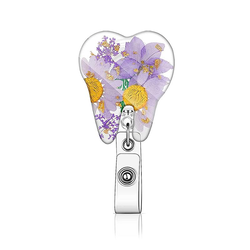 

Держатели для бейджей с зубным мотивом и засушенным цветком, Милые цветочные выдвижные держатели для ID-карт в подарок, Клипса для бейджа для стоматологов фиолетовый