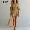 JPNTKY Moda Estiva Primaverile Colore Unico Stampa Manica Corta Scollo a V Abiti Casual