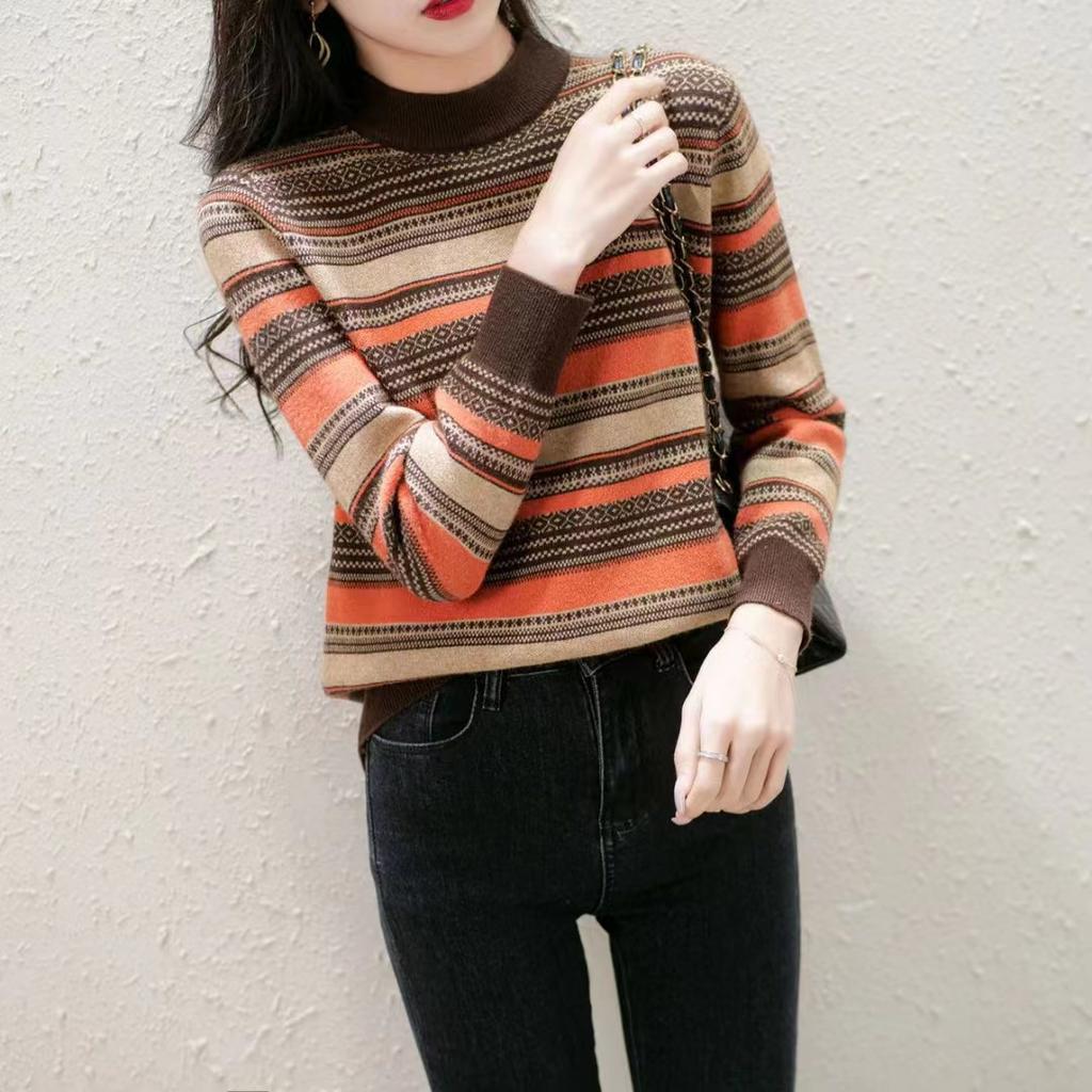 Herbst/Winter Strickpullover Locker Oberbekleidung Colorblocking Streifen Retro Basisshirt Halber Stehkragen Pullover für Damen