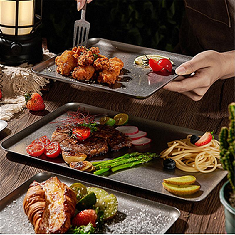 Snow Grey Rectangle 304 Stainless Steel Trays Square Kitchen Storage Plates Bread Dessert Plate Kitchen Dinner Hotel Dishes