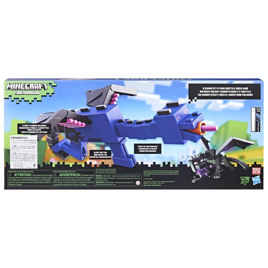 Nerf Minecraft Ender Dragon Blaster with a 4-dart clip and 12 Elite darts, featuring a Minecraft character design (F7912) - Authentic