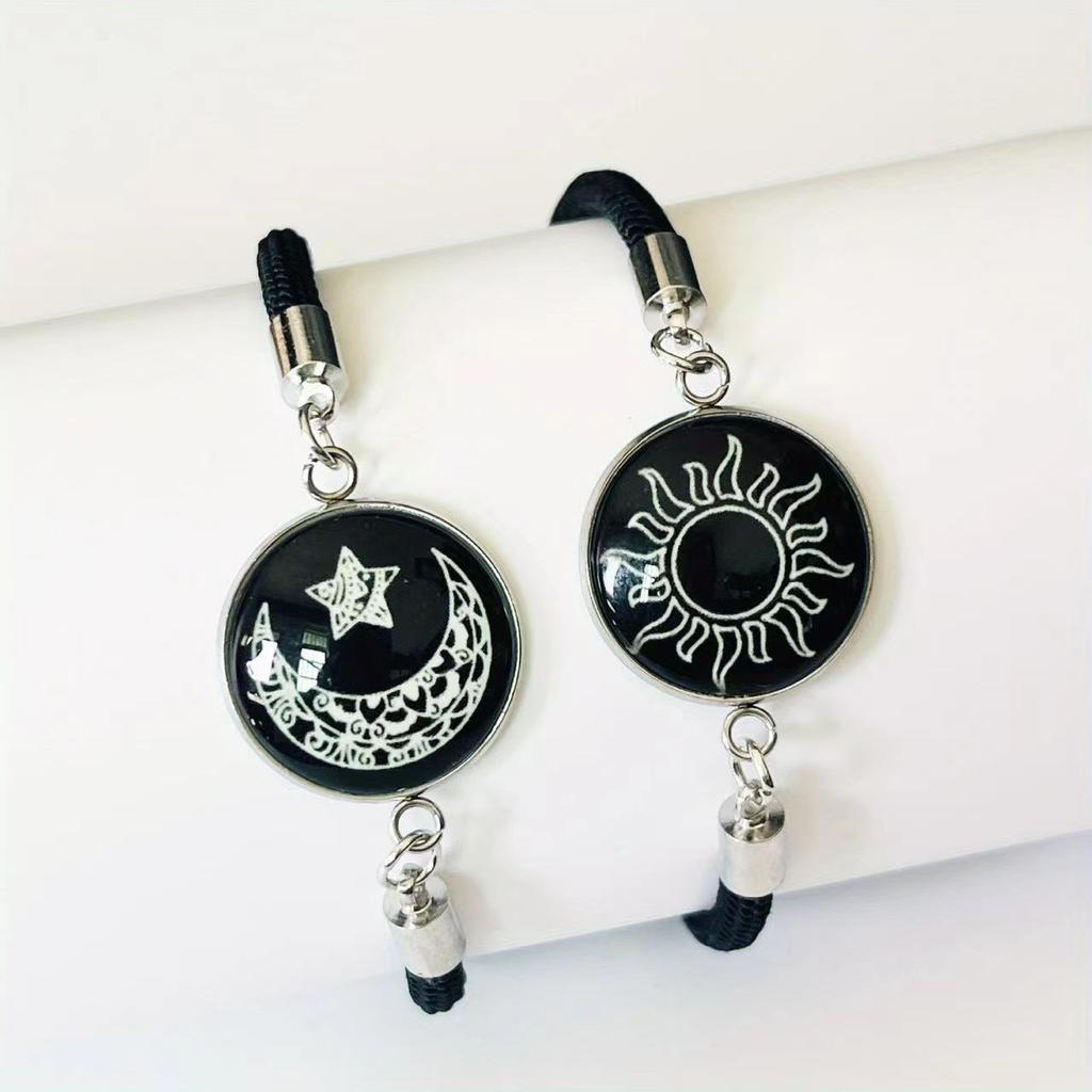 Braccialetti Luminosi Sole Luna per Coppia, Braccialetto in Pelle Luminescente al Buio per Amanti