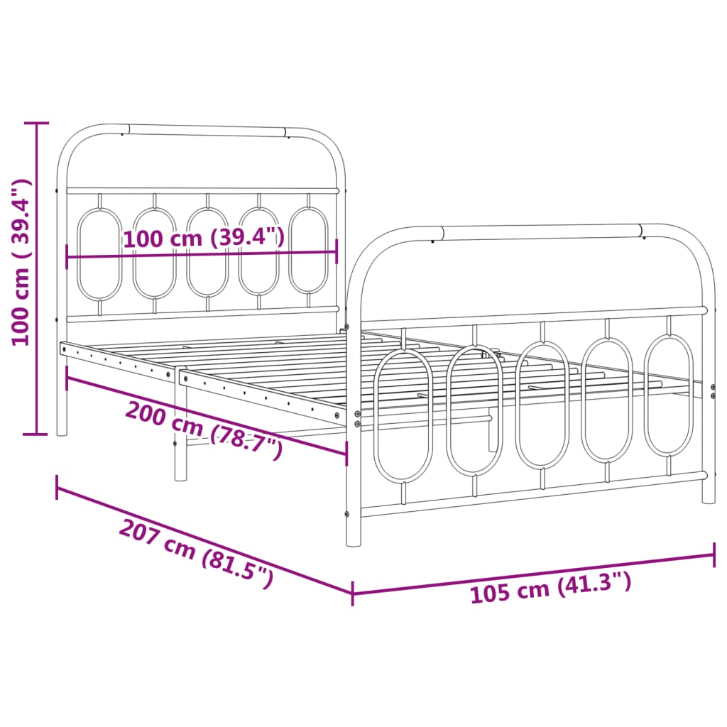 Metal Bed Frame with Headboard and Footboard White 100x200 cm