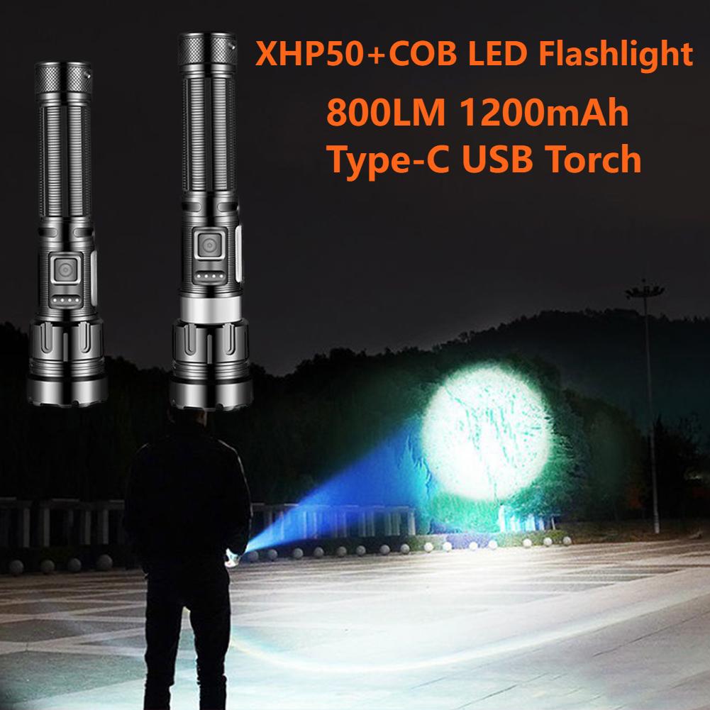 XHP50 Portable Flashlight 800LM COB LED Outdoor Lantern 1200mAh Type-C USB Rechargeable Torch Camping Fishing Lighting Tool Lamp