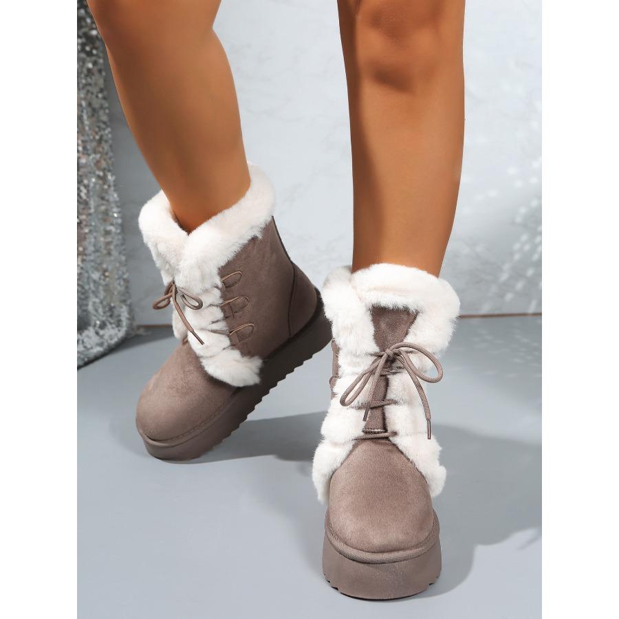 2025 Fall/Winter Women's Snow Boots with Fleece Lining, Thickened Sole, Height-Enhancing Design, Leather & Fur Combination, Cotton-Lined Warm Boots