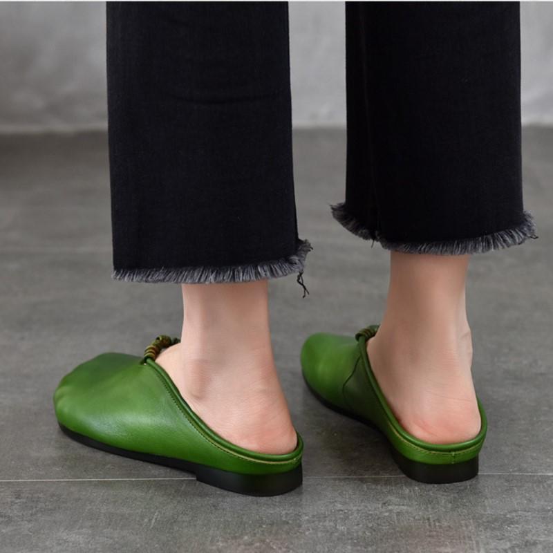 Johnature Women's Shoes Genuine Leather Flat Slippers Round Toe Versatile Casual Solid Color Outdoor Slides