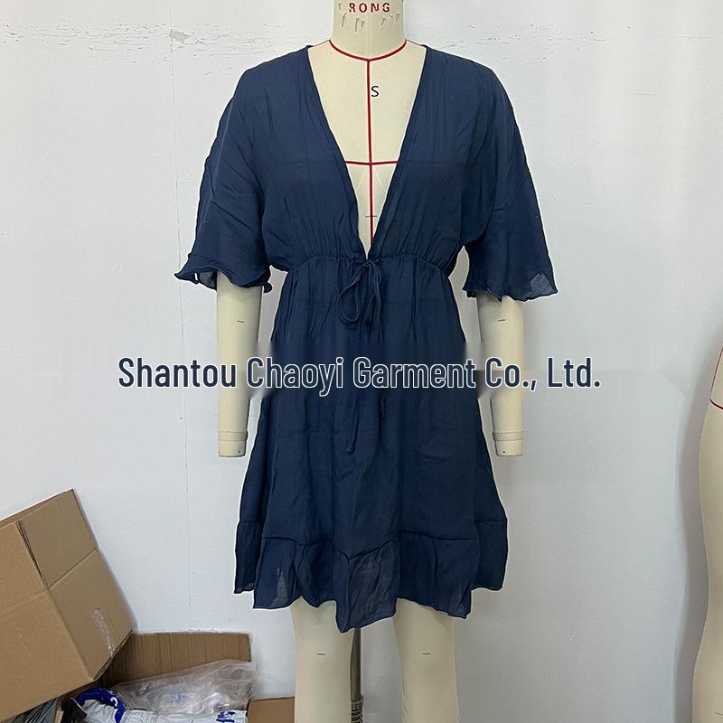 European & American Vacation Sun Protection Sheer Ruffle Bikini Cover-up Dress with Drawstring Waist.