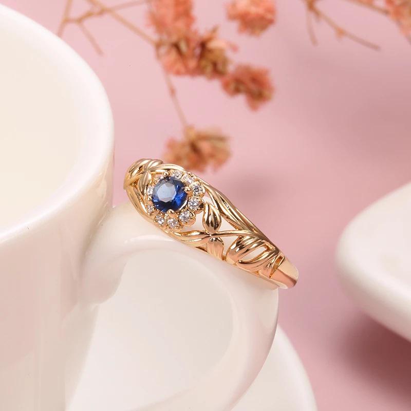 Bague pour femme en zircon bleu mode européenne et américaine avec cuivre plaqué or