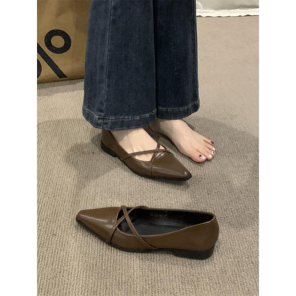 

Fashion New Women s Boat Shoes Pointed Toe Slip on Cross-tied Pumps New Designer Woman Flats Zapatos Mujer Leather Shoes 39 коричневый