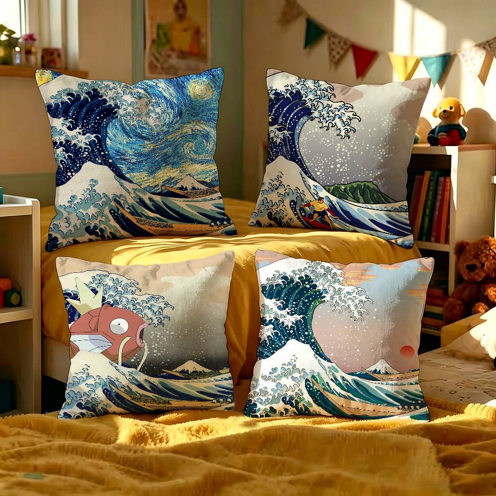 Japanese Wave Art Maple Design Cushion Cover Happy Autumn Harvest decor Holiday Decorati Pillow Cover