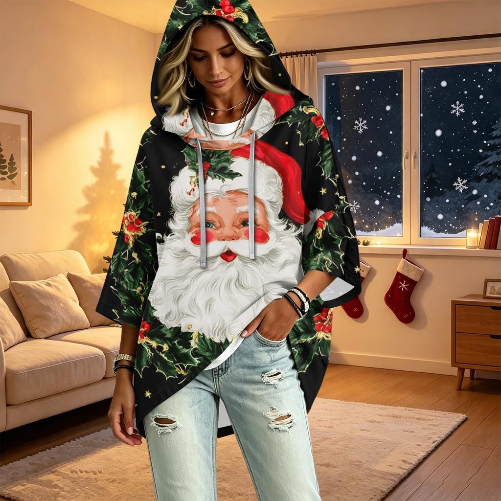 Women's Fashion Christmas Print Hooded Pullover Top, 3/4 Sleeve Casual Tunic