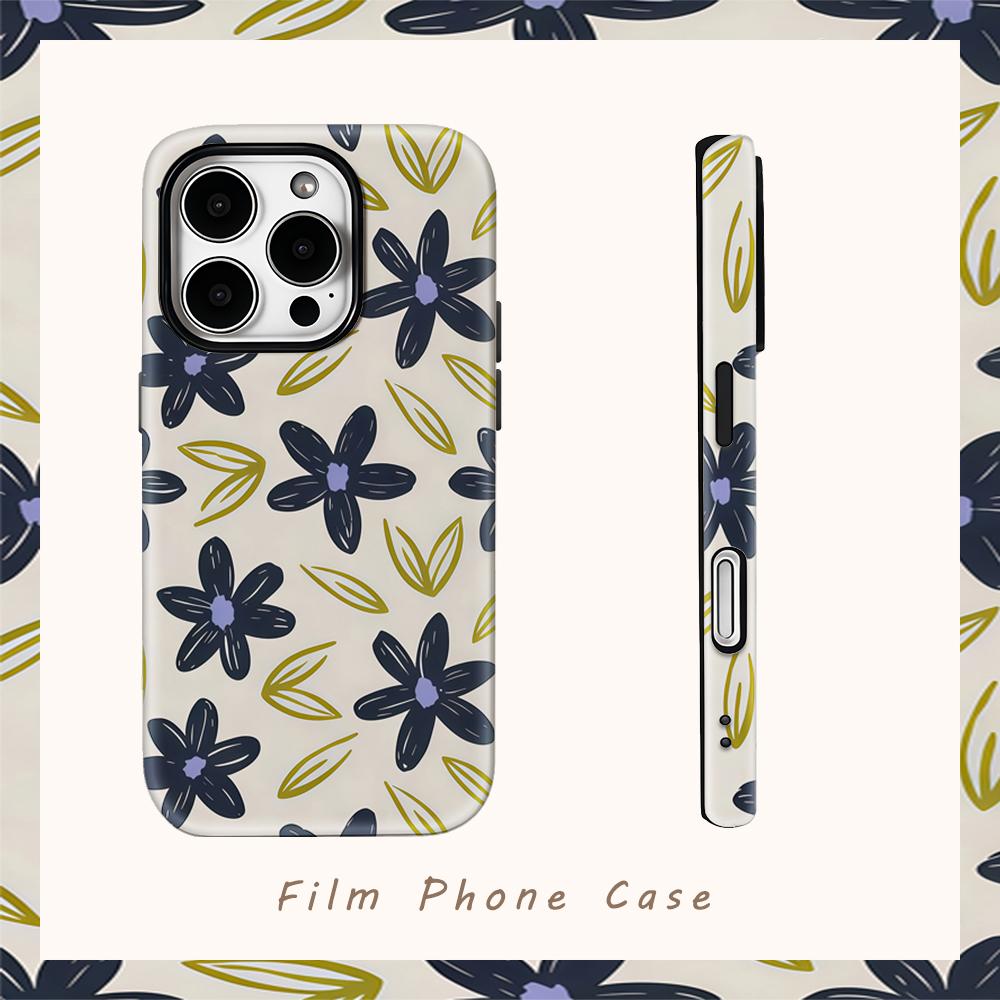 Navy Flower & Olive Leaf Phone Case for IPhone 17AIR 16E 16 15 14 13 12 11 17 Pro Max Plus Double-layer Back Cover