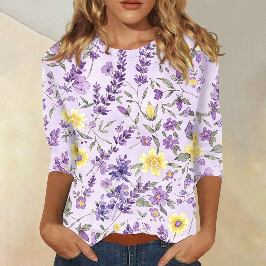Women's Casual Floral Print Three Quarter Sleeve Top Round Neck Lightweight Comfortable Fit for Everyday Wear