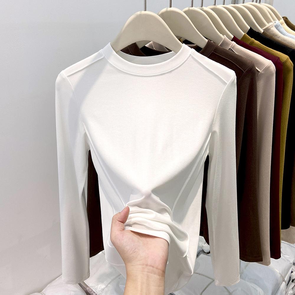 Fleece polished small stand-up neck bottoming shirt women's spring fishbone front shoulder slim-fitting long-sleeved T-shirt with top inside