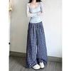 High-Waisted Lazy Style Loose Plaid Pants Straight-Leg Long Pants Blue Retro Checkered Casual Pants Wide-Leg Pants  Women