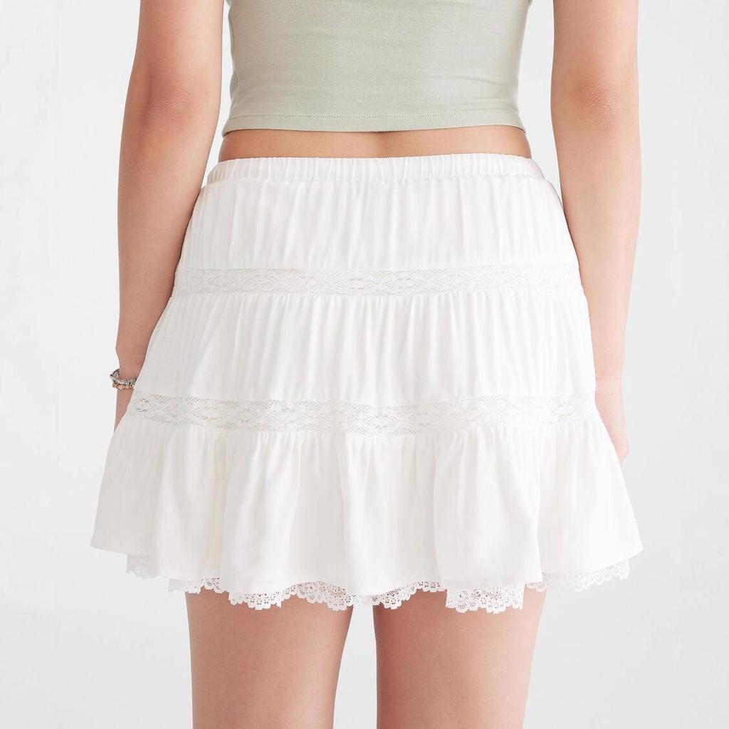 2025 Summer Women's High Waist Pleated Lace Trim Midi Skirt - Age-Reducing A-Line Design