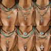 Ethnic Style Imitation Turquoise Beaded Cow Head Pendant Necklace, Retro Cross Flannel Collarbone Necklace